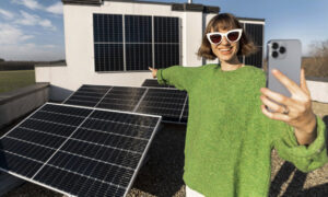Une femme propriétaire qui se prend en selfie devant son installation solaire photovoltaïque