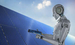Un robot qui représente l'intelligence artificielle devant des panneaux solaires