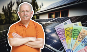 Un propriétaire devant son installation solaire et une liasse de billets