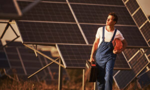 Un technicien qui marche avec une mallette dans une centrale solaire