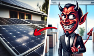 Diable souriant représentant un arnaqueur à l'installation de panneaux solaires photovoltaïques.