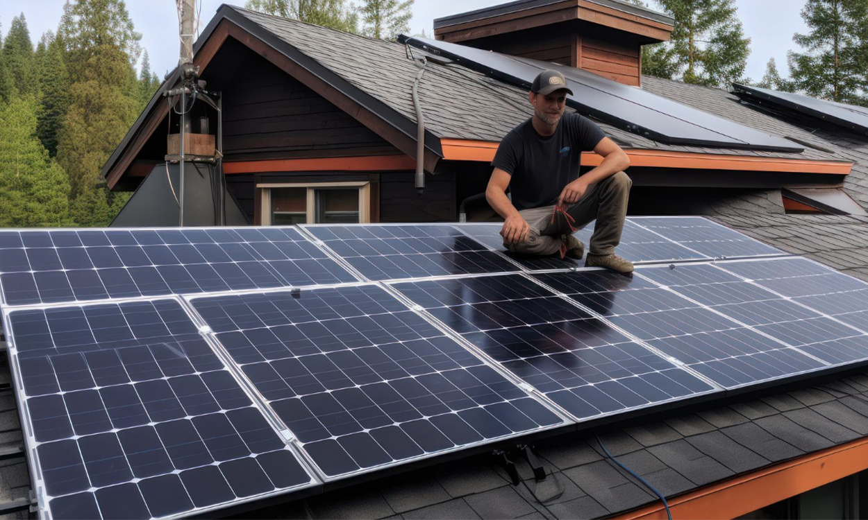 Un installateur de panneaux solaires assis sur le toit d'une maison individuelle