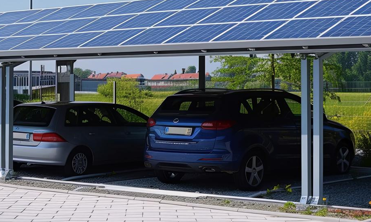 Deux voitures garées sous un carport solaire